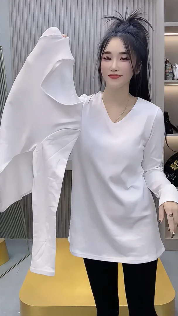 欧货V领中长款长袖T恤女秋冬洋气遮臀显瘦上衣修身显瘦打底衫