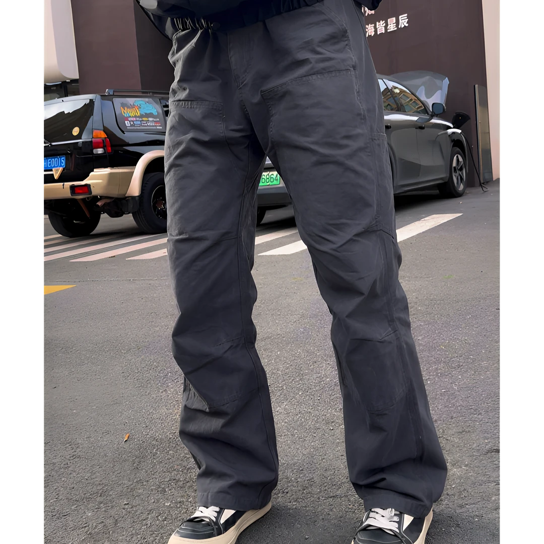 春秋美式双膝打褶伐木裤水洗做旧纯棉男士休闲直筒百搭工装长裤