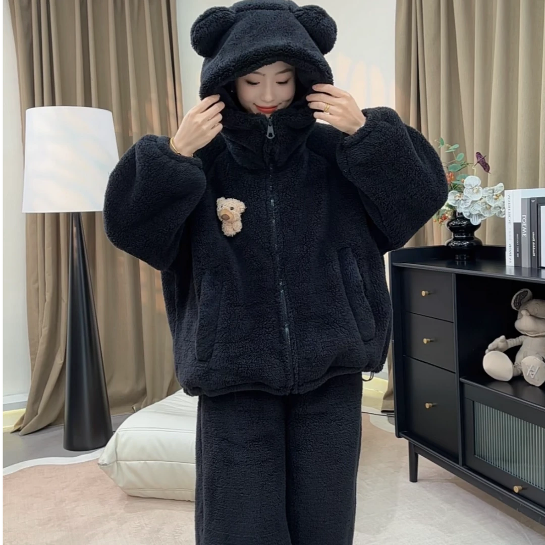 极寒系列加绒加厚暖感泡泡绒可爱小熊连帽三层复合可外穿家居服