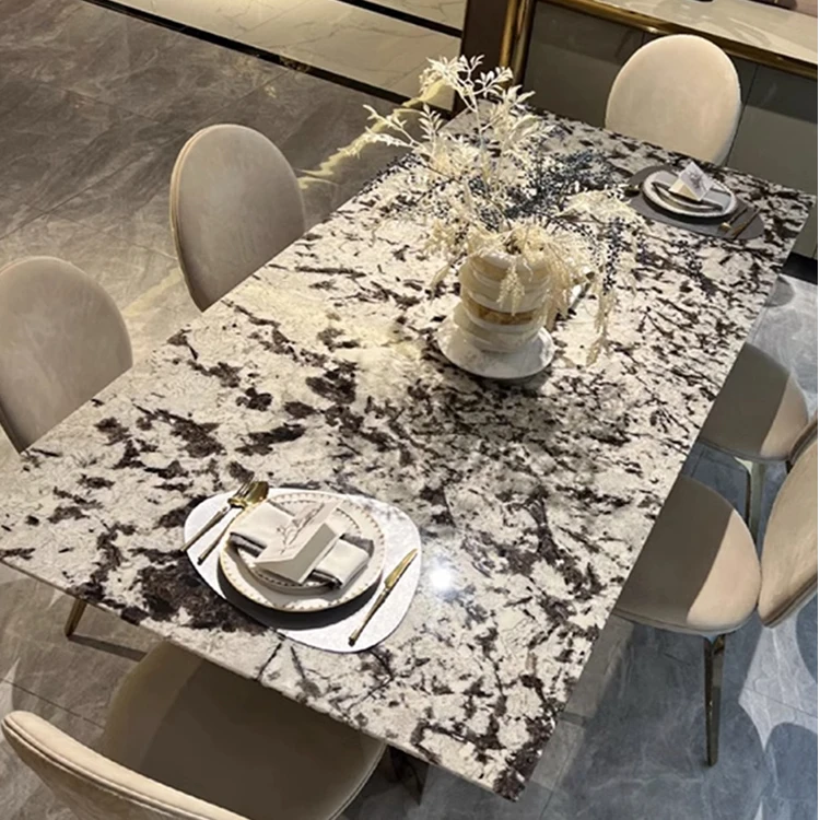 天然雪山兰奢石餐桌别墅大平层意式轻奢高级感雪山飞狐大理石饭台