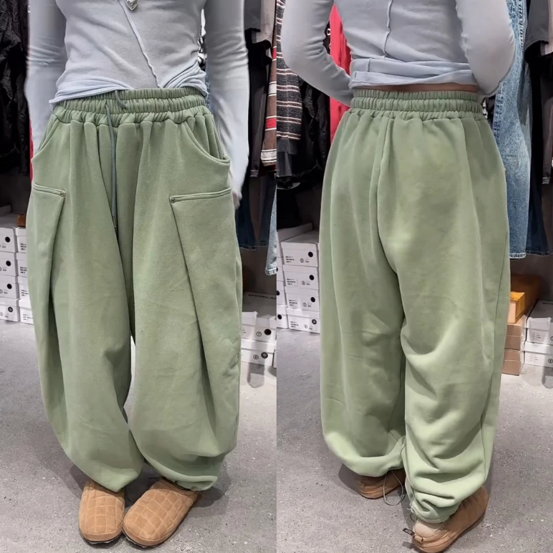 洋气设计感两穿休闲卫裤2025年冬季新款加绒显瘦束脚阔腿裤