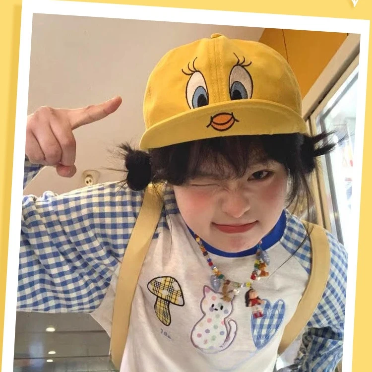 翻檐鸭舌帽子可爱小黄鸭刺绣棒球帽女显脸小大头围潮棒球帽卡通