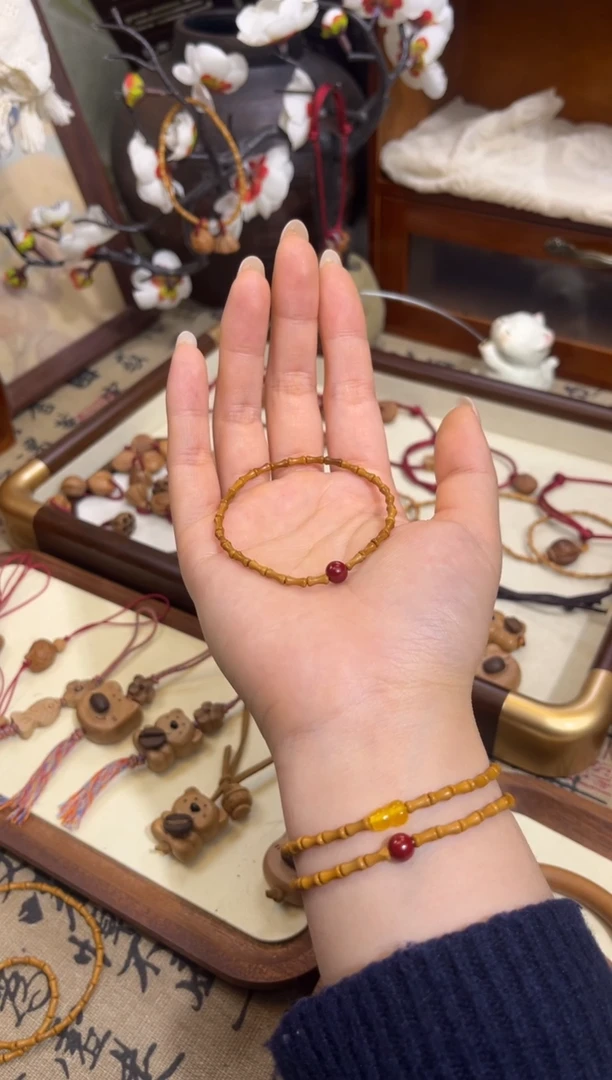 手串桃核【桃缘行】竹节「红色莎莎」桃木桃核辟、挡、驱、护 备注手围