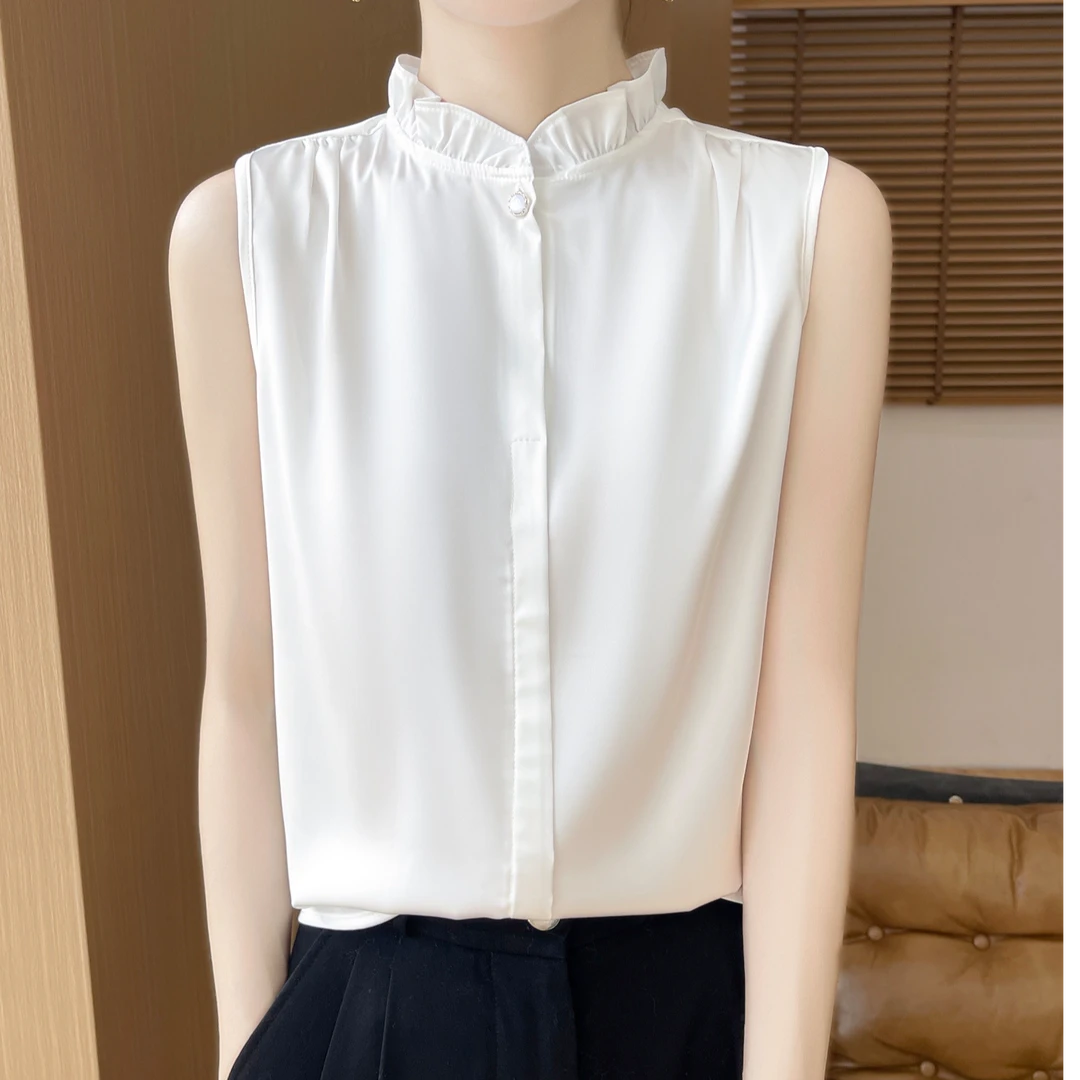 高品质 女士缎面衬衫 木耳领无袖衬衣 轻奢时尚百搭 年轻减龄气质