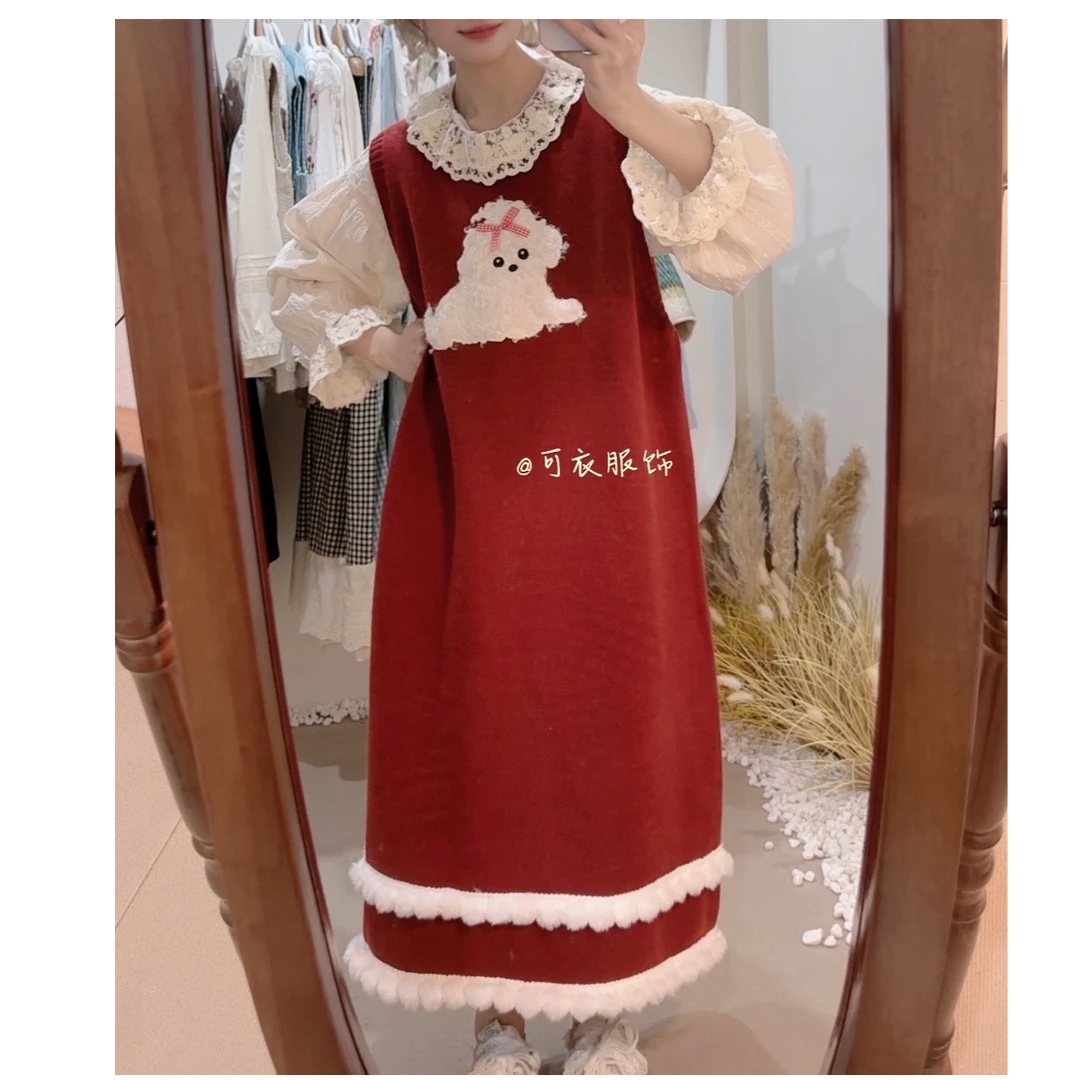 可衣-新年红色可爱狗狗针织背心裙无袖连衣裙甜美少女显白显瘦