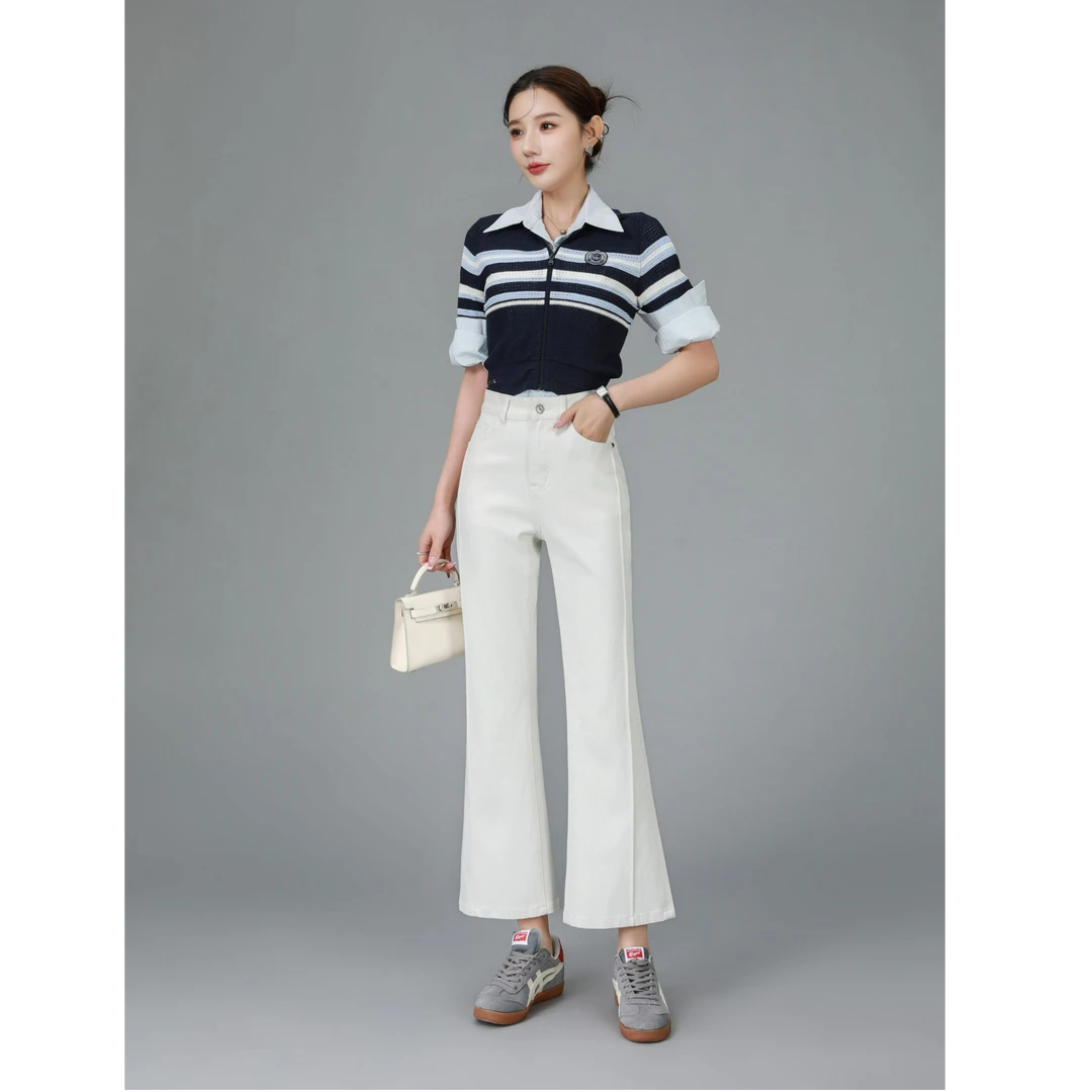 弹力微喇裤2025春季新款高腰设计感牛仔裤九分显瘦时尚轻奢小个子