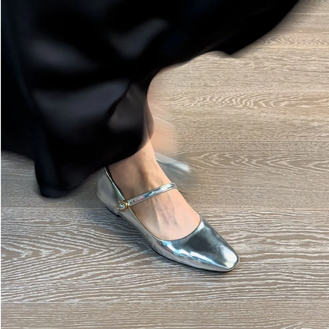 3CM手抓纹牛皮百搭玛丽珍鞋女2025新款方头低粗跟一字带小众女鞋