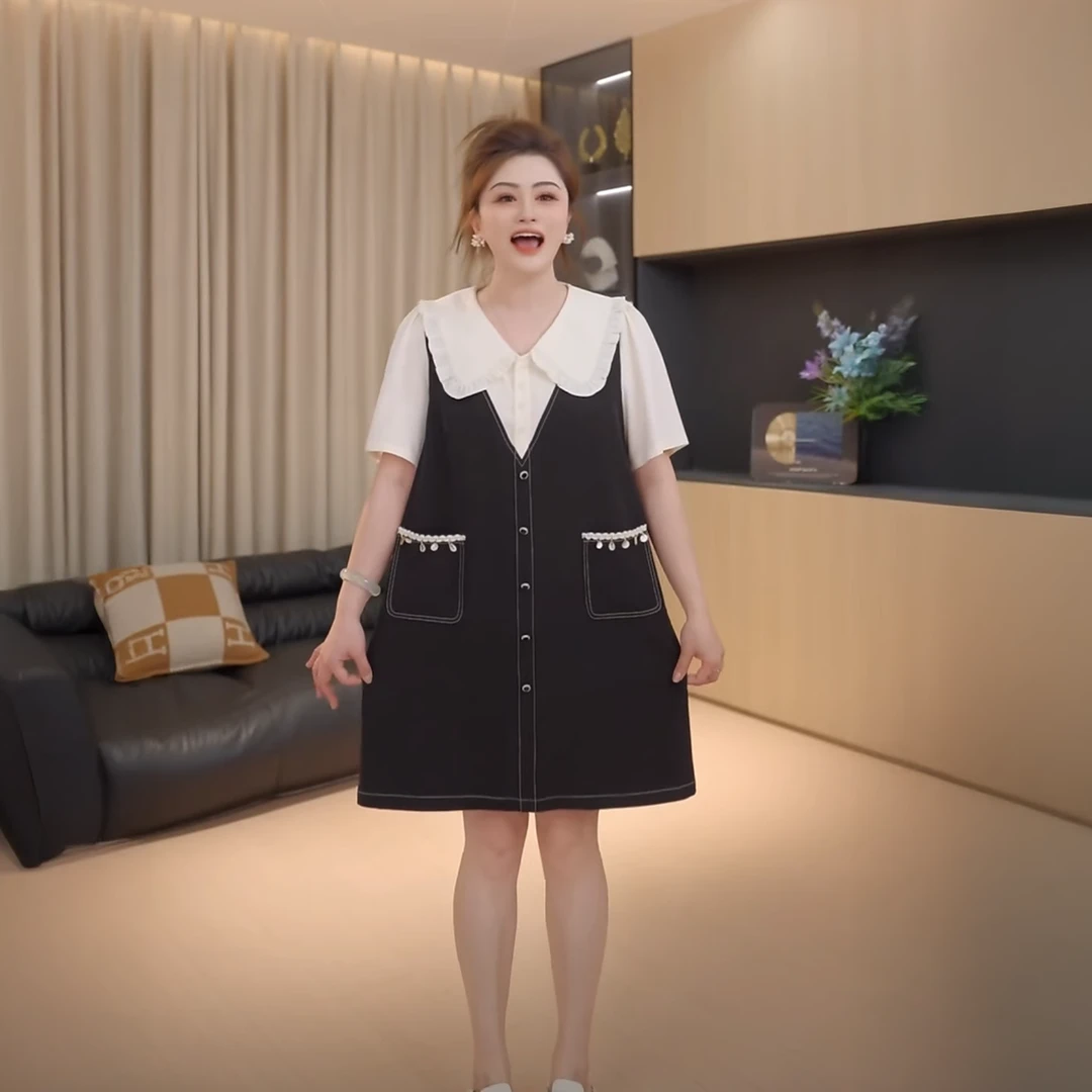 胖佳大码女装假两件撞色拼接连衣裙女夏新款胖mm减龄巨显瘦雪纺裙