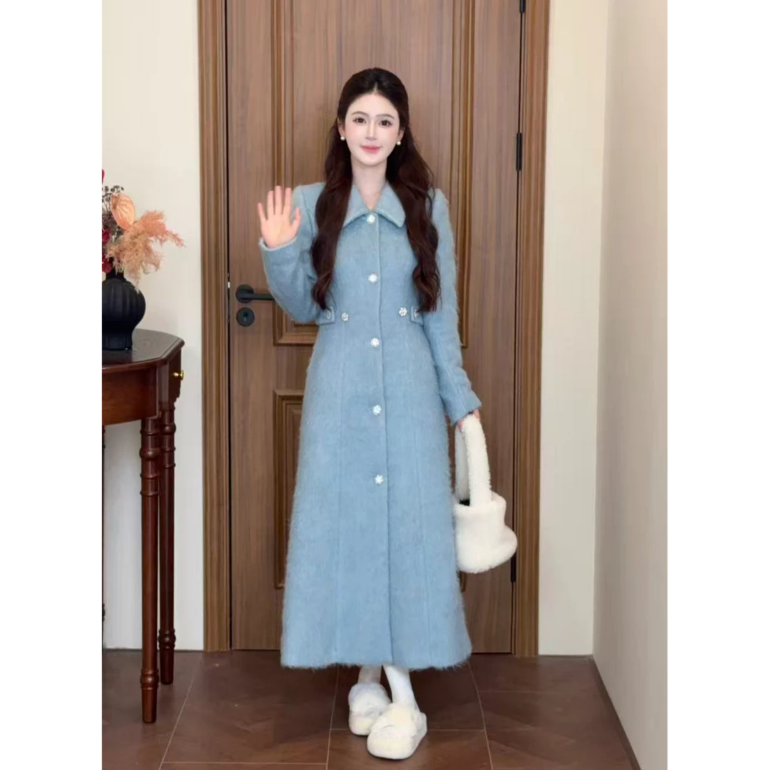 LiLi李李家【冬日女友】韩系温柔风粉色/蓝色夹棉长款大衣XMZH10517