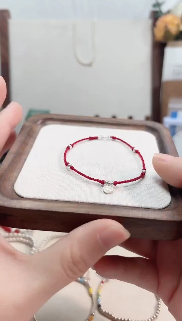 无925银八方吊牌红绳酒红色手链