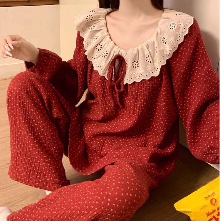 新款ins睡衣女春秋季韩版甜美蕾丝边碎花长袖家居服套装学生4095