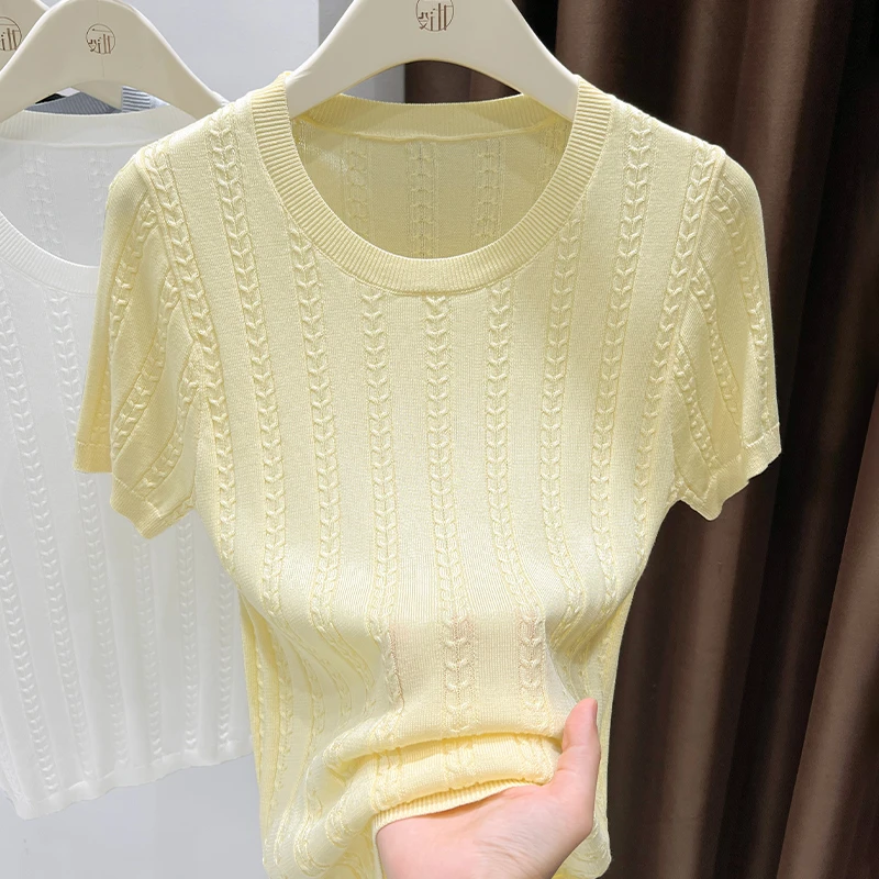 黄色柔软套头T恤爆款2025夏季新款短袖打底衫可外穿正肩薄上衣女