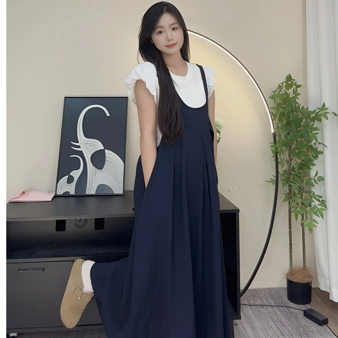 新款孕妇装2025年夏季时尚洋气短袖上衣+背带裙两件套孕妇裙