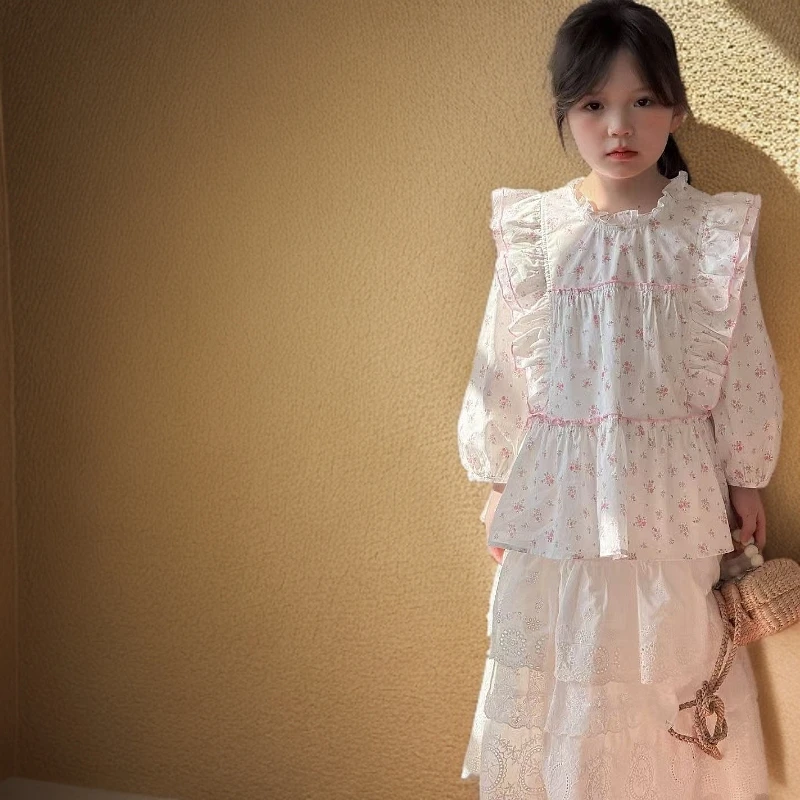 2025 春季童装时尚洋气儿童蕾丝碎花女童长袖白色大童拼接春秋季