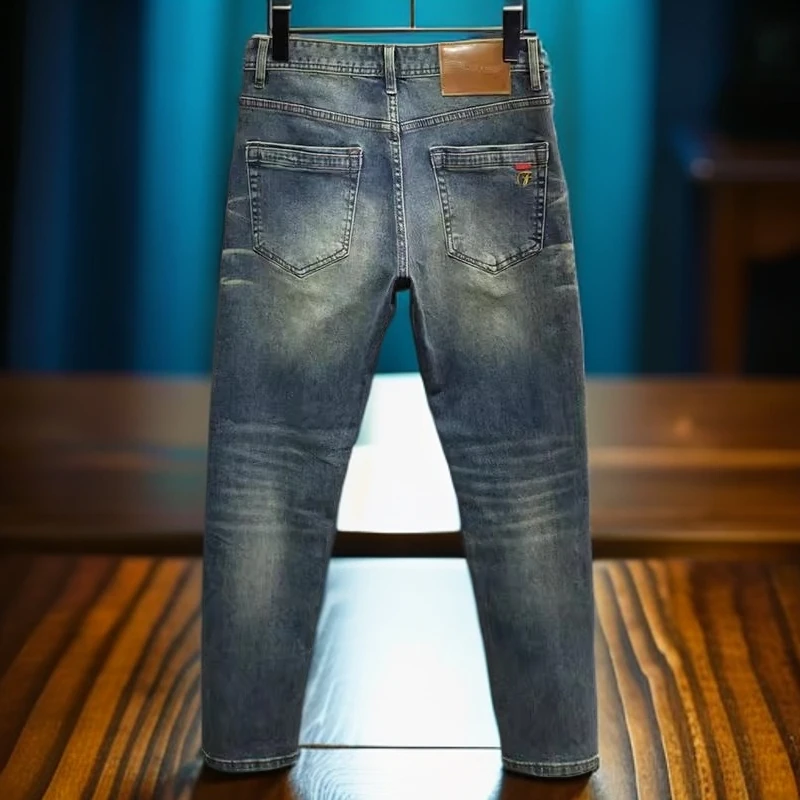 维斯克纳时尚复古蓝色牛仔裤春夏新款男修身小直筒时尚弹力长裤