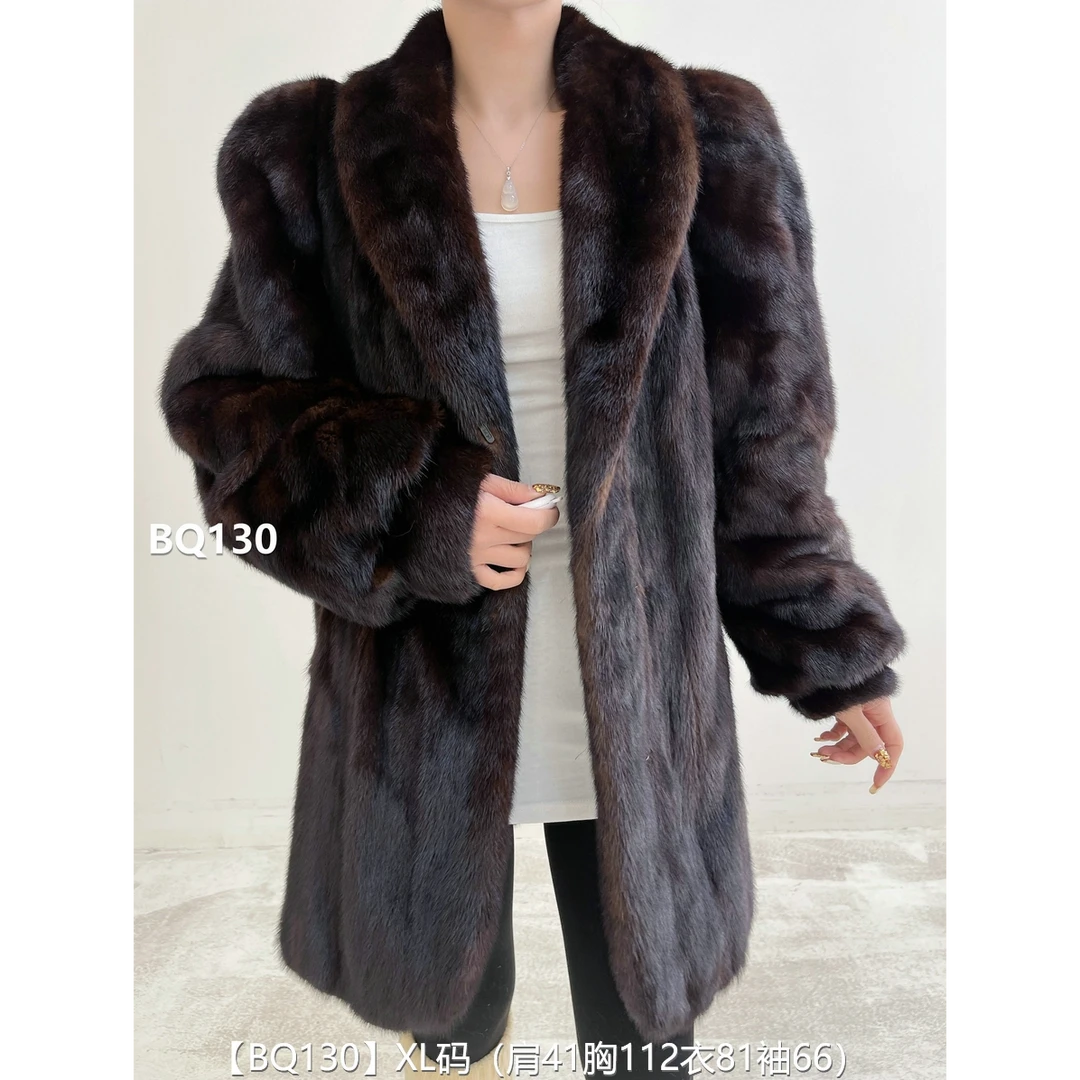 【BQ130】XL码 老茶棕全抽中长款貂皮大衣皮草外套 睡袍领泡泡袖