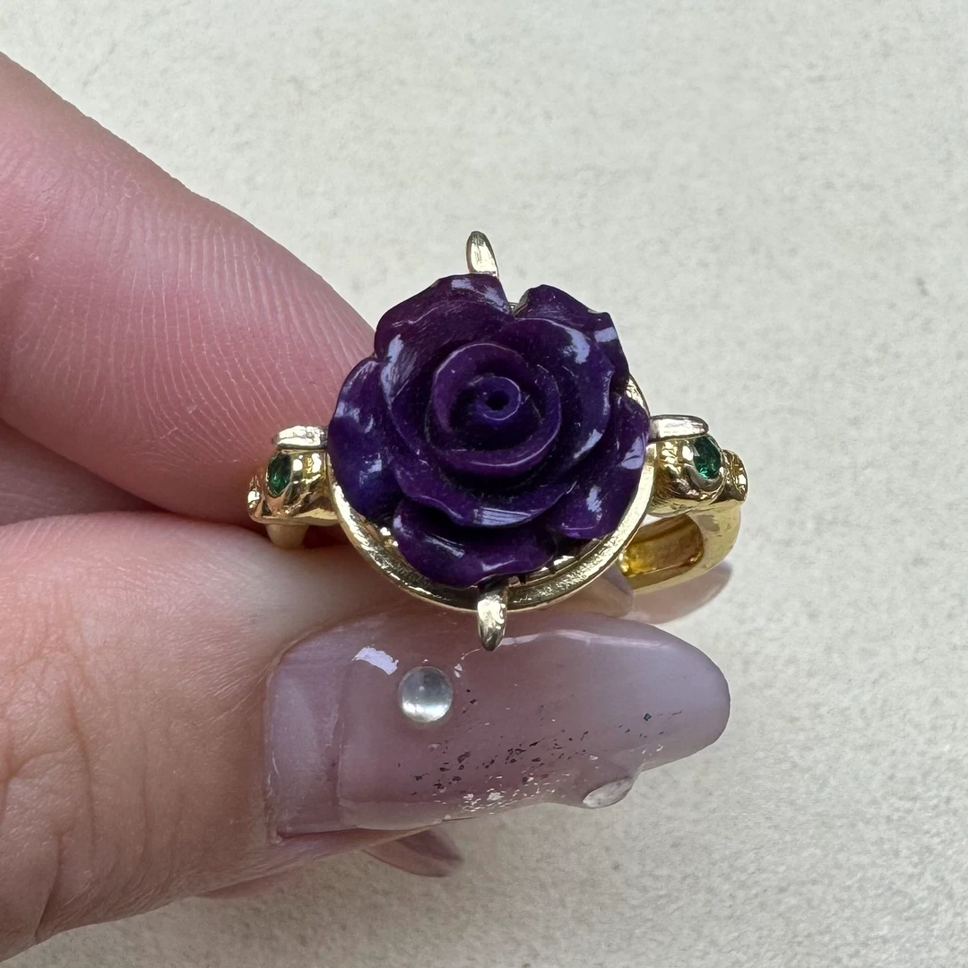 非金属珐琅戒指 紫色雕刻花花戒指 H64