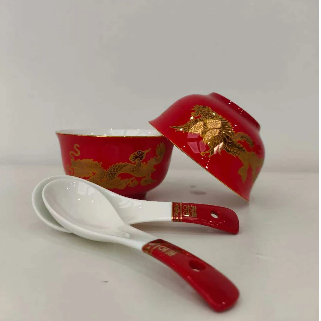 复古4.5英寸中式龙凤金钟 碗+勺 中国风釉上彩