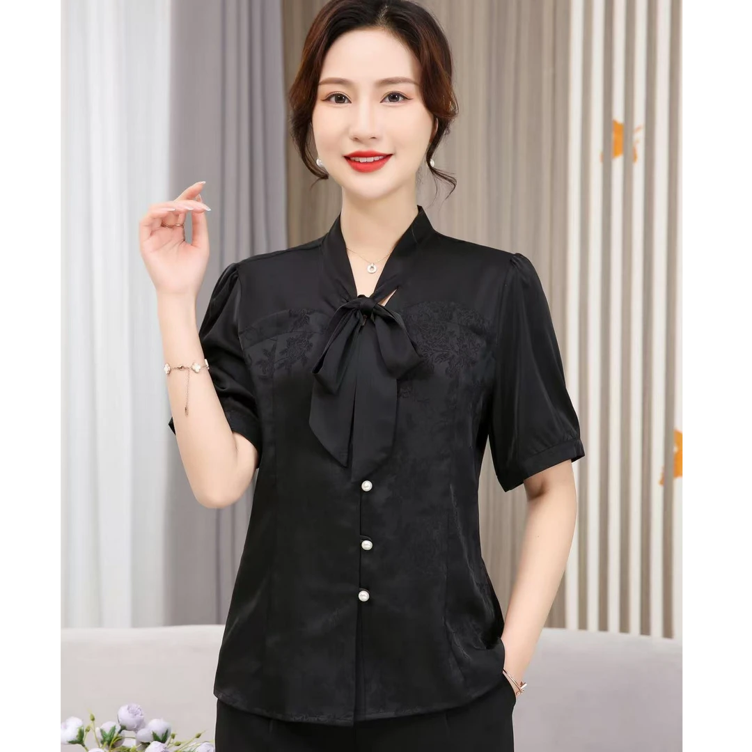 GZ815（聚水潭）短袖常规V领上衣洋气小众衬衣显瘦女士短袖
