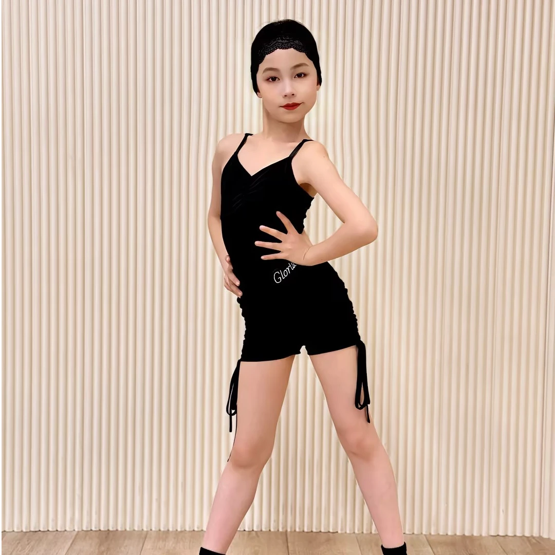 歌瑞亚新款拉丁舞服女儿童夏季吊带上衣黑色专业训练功舞蹈服