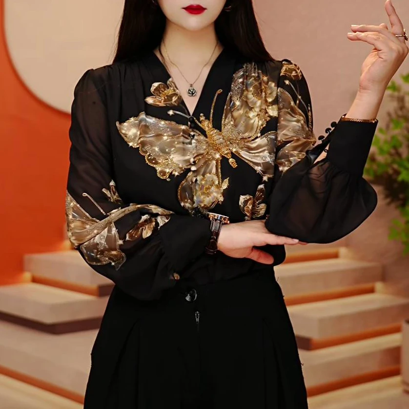 初凰 新款琉璃双皱丝洋气时尚百搭显瘦休闲气质印花女士长袖上衣