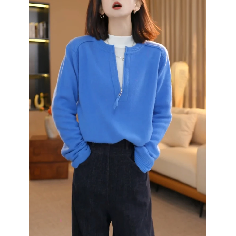 蓝色半拉链套头毛衣女秋冬内搭针织衫2025新款韩系减龄打底衫上衣
