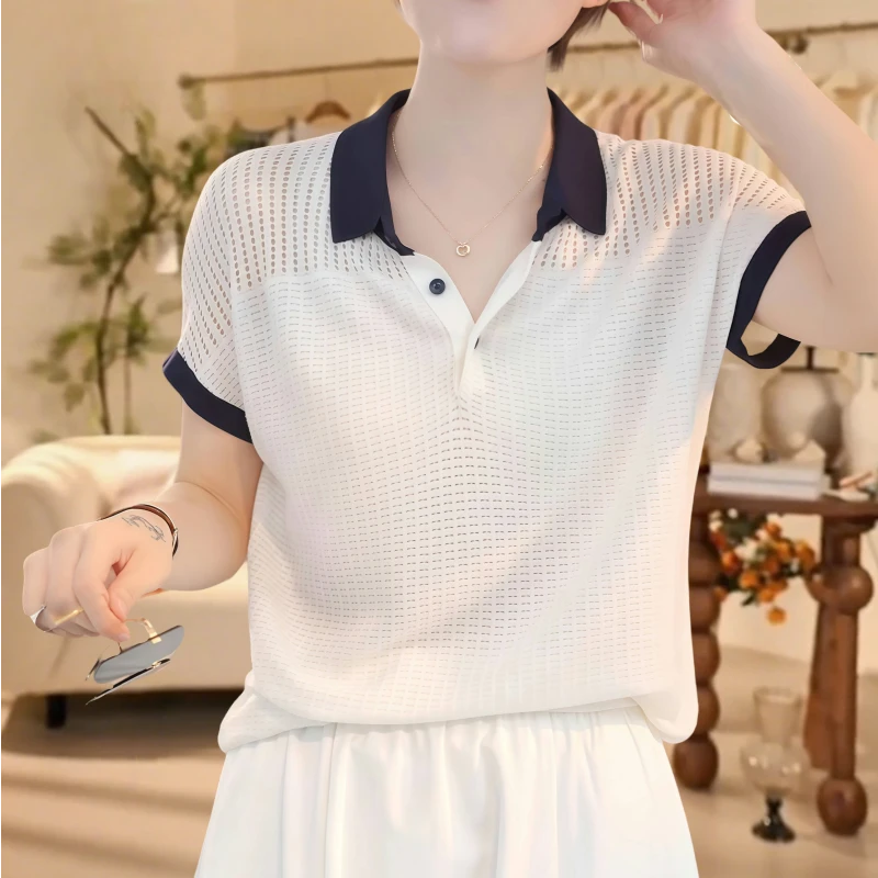韩系极简风撞色polo领短袖T恤女夏季新款时尚休闲通勤百搭针织衫