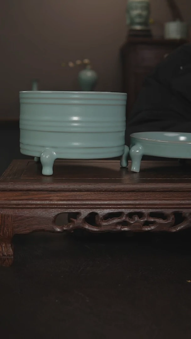 摆件瓷仿古手工三足炫纹尊+三足笔洗