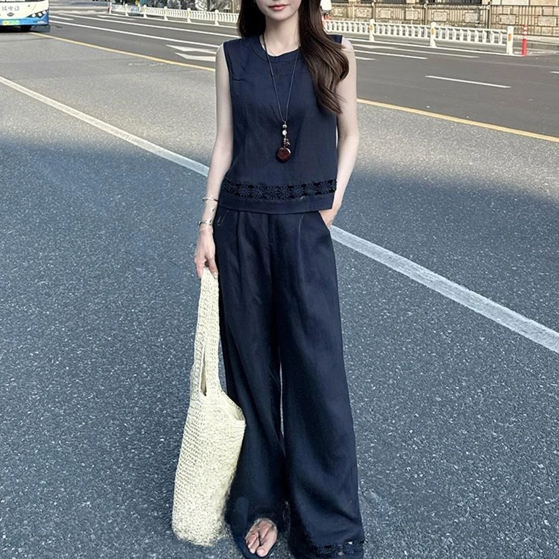 香朵儿老钱风时尚气质套装2025夏季新款韩版显瘦马甲阔腿裤两件套