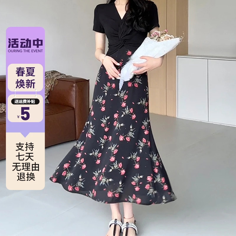 特价茶歇法式假两件碎花连衣裙子女夏季2024v领黑色收腰长裙3348