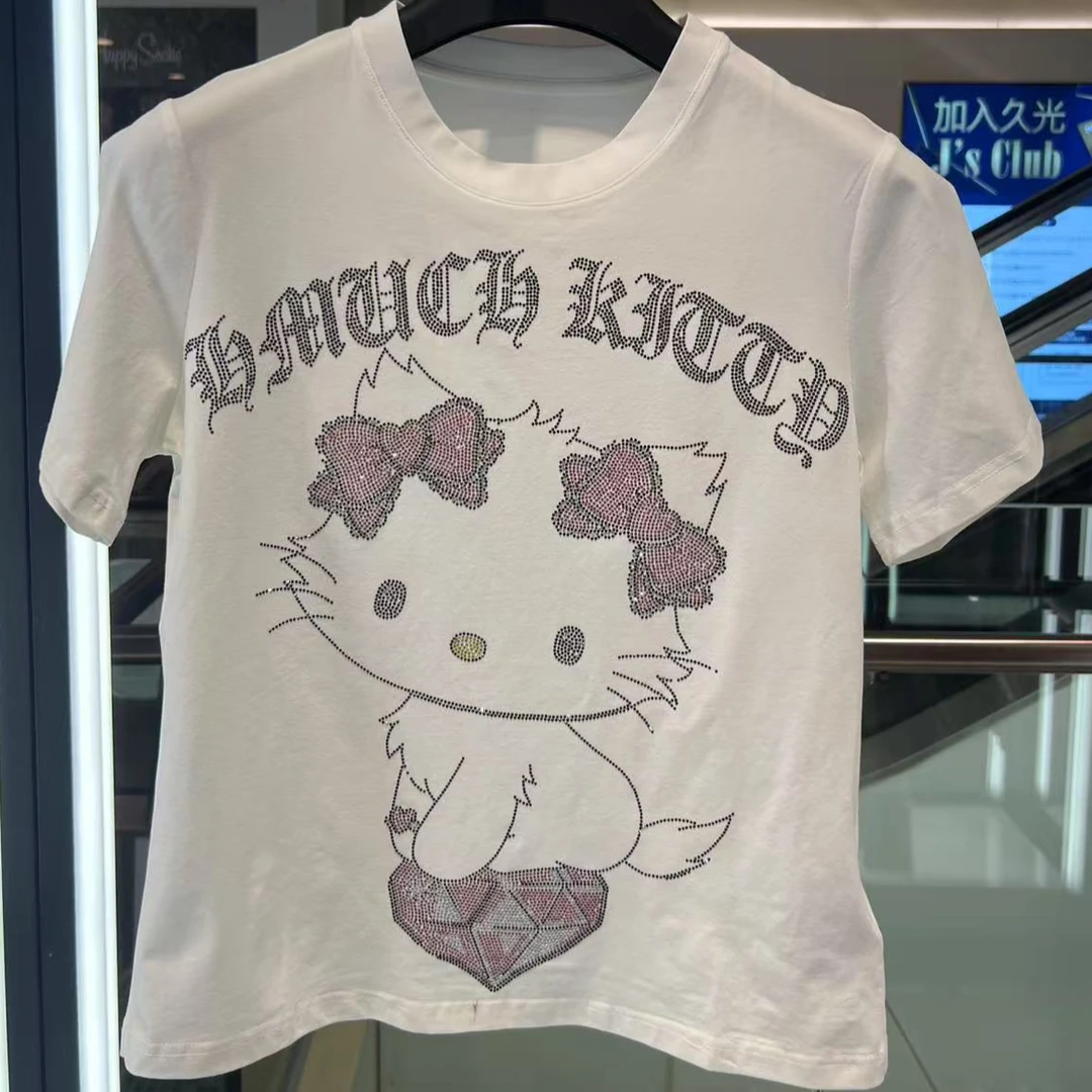 TCH轻奢烫钻工艺卡通小猫时尚百搭T恤T75B10E1032私服tch