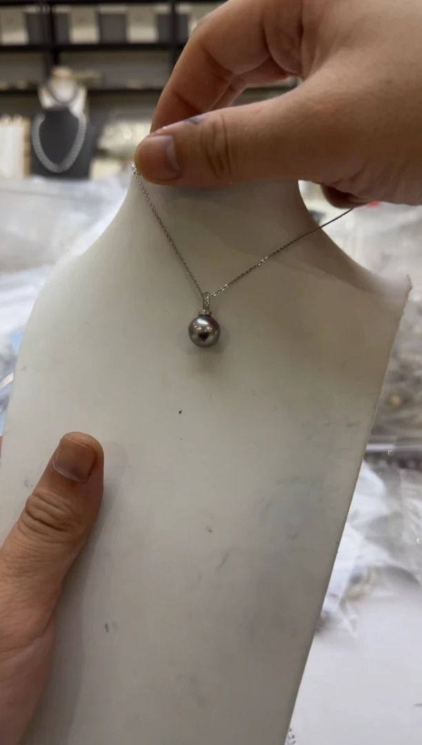 淡水珍珠银S925镶嵌项链11-12mm 紫万能扣