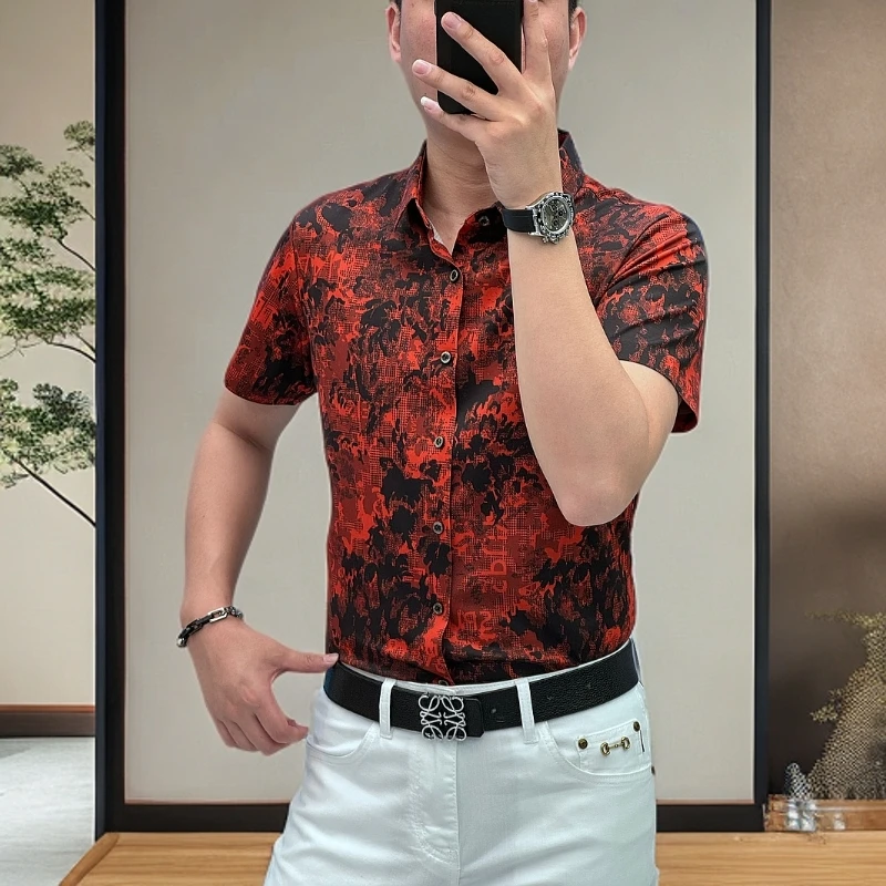 25夏季桑蚕丝莱赛尔印花潮流休闲轻奢时尚百搭短袖衬衫男