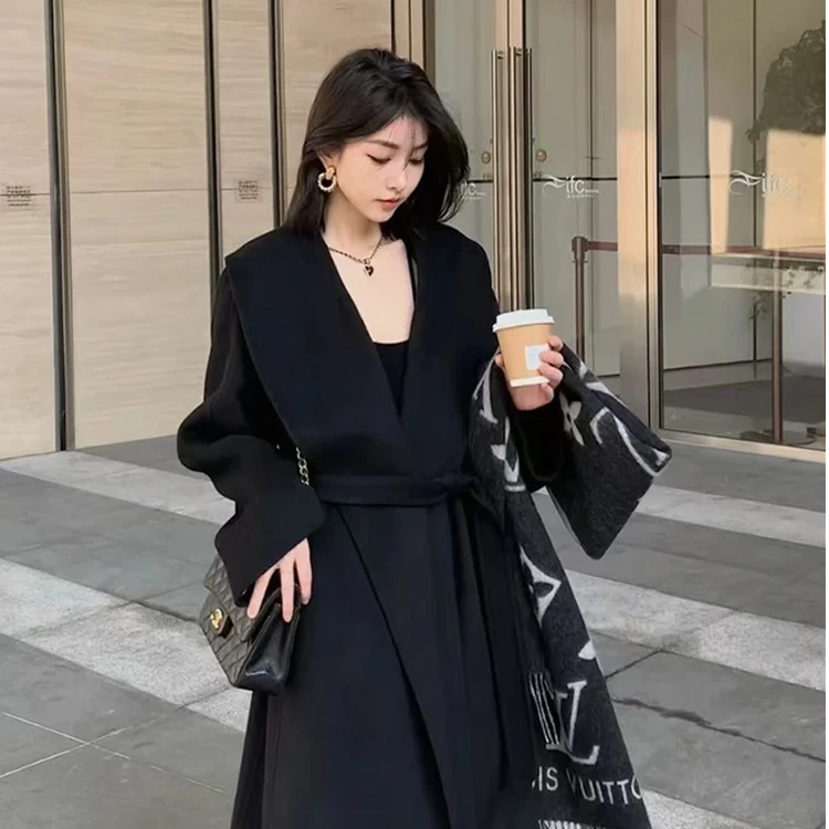 艺美手缝双面羊毛大衣女中长款2024秋冬新款浴袍式毛呢外套百搭