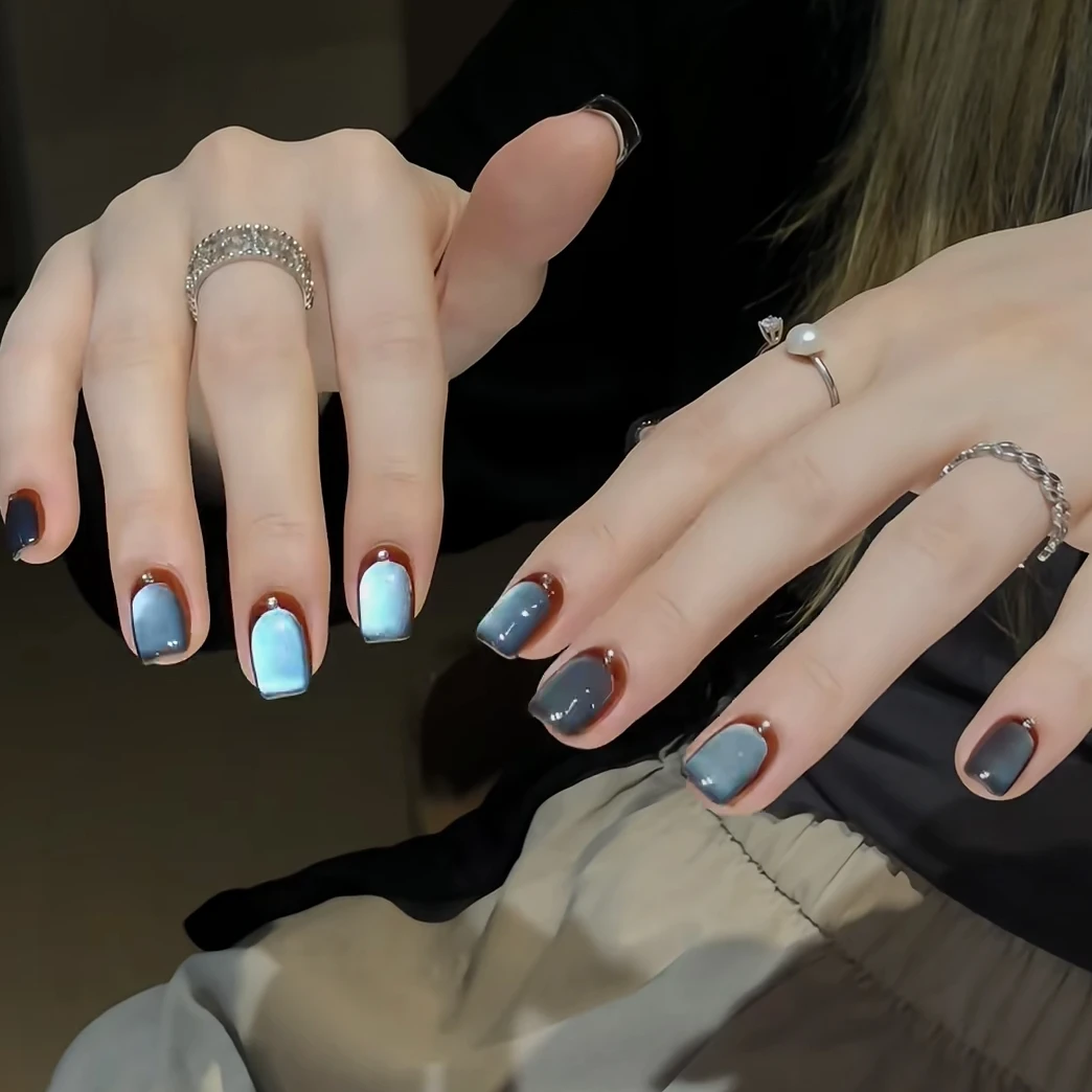 【雾蓝琥珀】秋季新款蓝色玻璃珠猫眼手工美甲穿戴甲片短款百搭显白