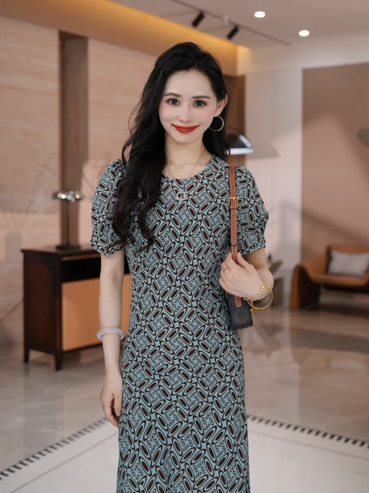 【蓝调时分】45度斜裁复古印花气质修身显瘦短袖连衣裙-C2571