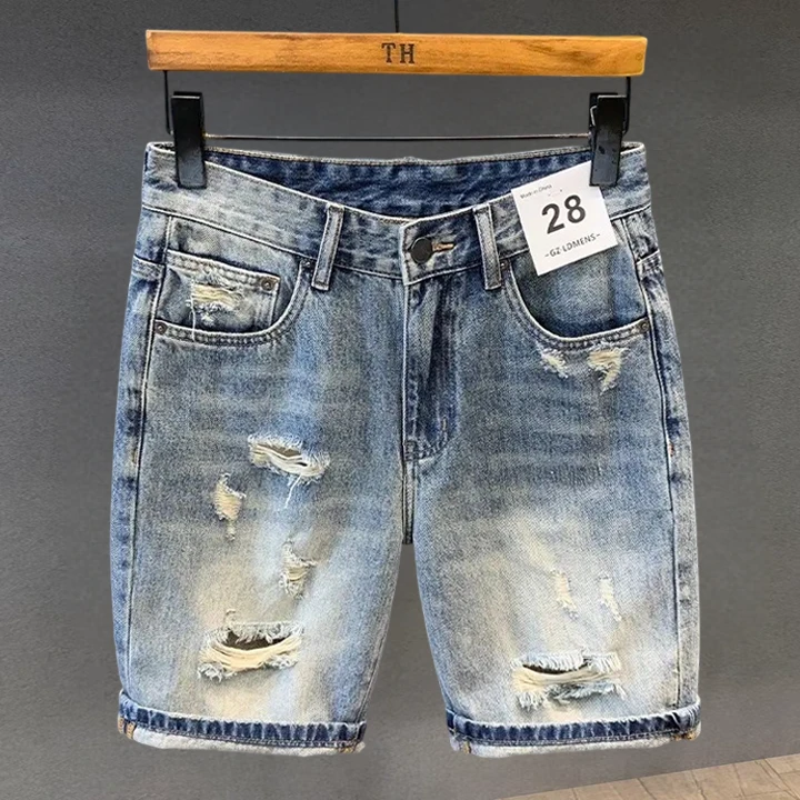 法国Cebrodz夏季新款牛仔五分裤潮流休闲直筒修身破洞男式潮牌