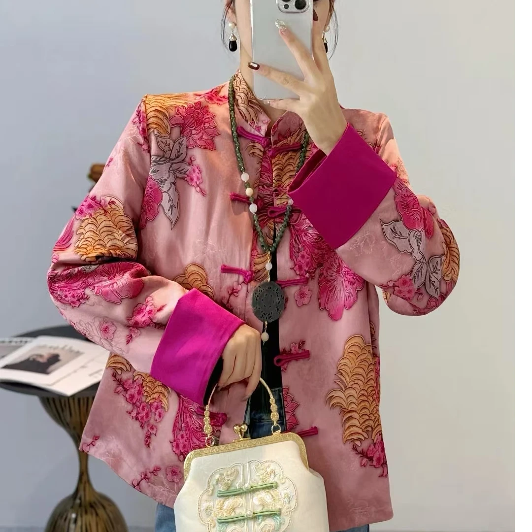 （春节）2025春季重工提花上衣高级拼色新中式国风立领粉色印花外套