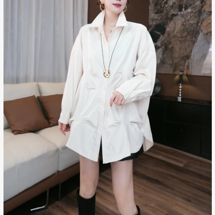 【鑫蕾】秋季新款小众褶皱韩版长袖中长款气质衬衫29108