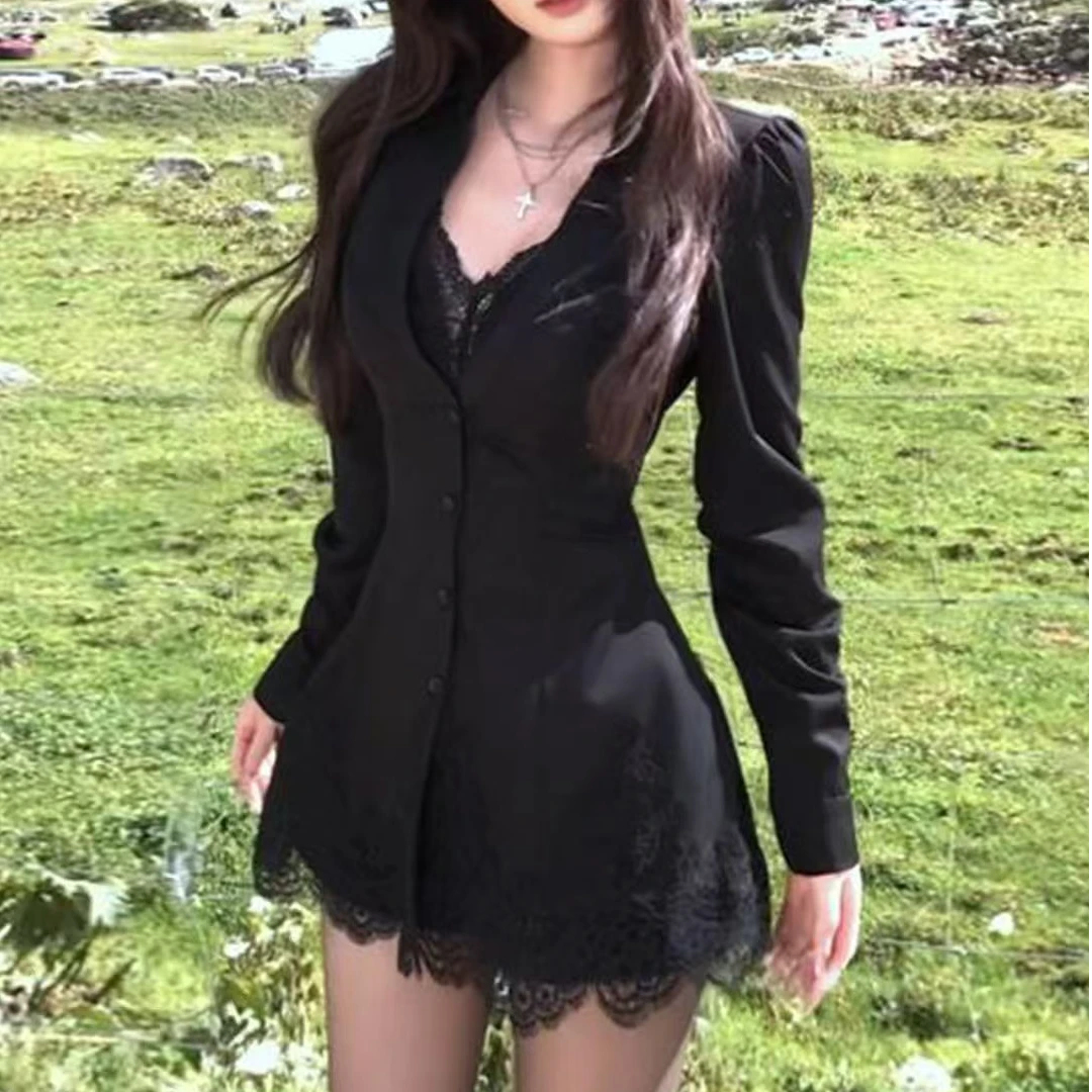D854黑色V领蕾丝拼接长袖西装连衣裙子女秋季新款赫本风包臀短裙