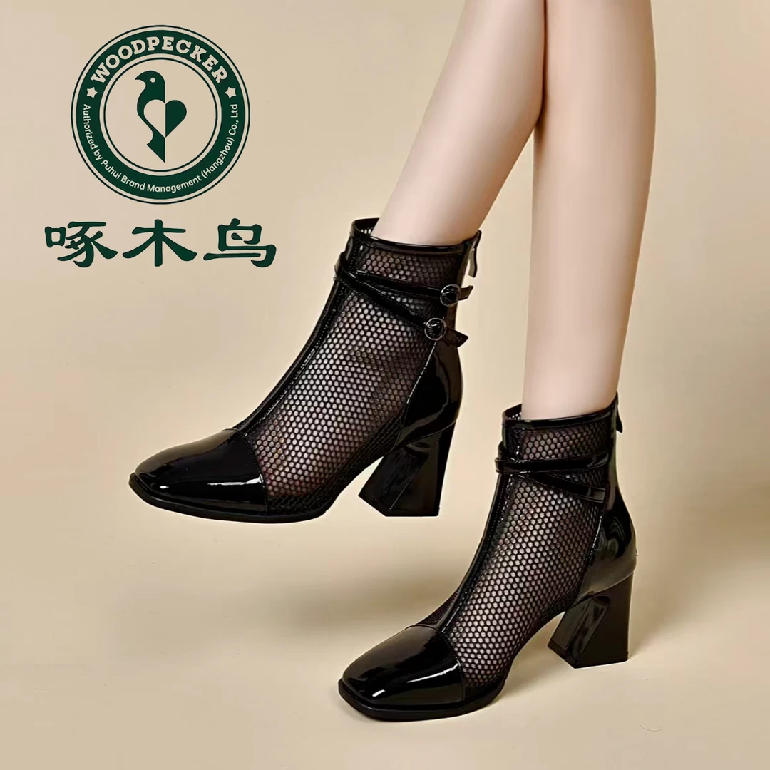 啄木鸟2025春夏季高品质网纱凉靴女春秋新款短靴薄款高跟镂空K8