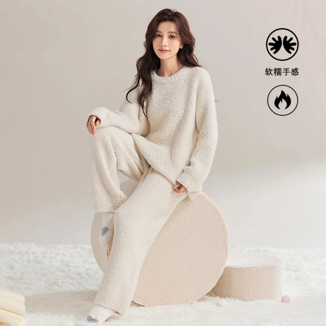 冬季保暖长袖成人睡衣家居服套装冬款居家薄雾少女风加绒宽松休闲