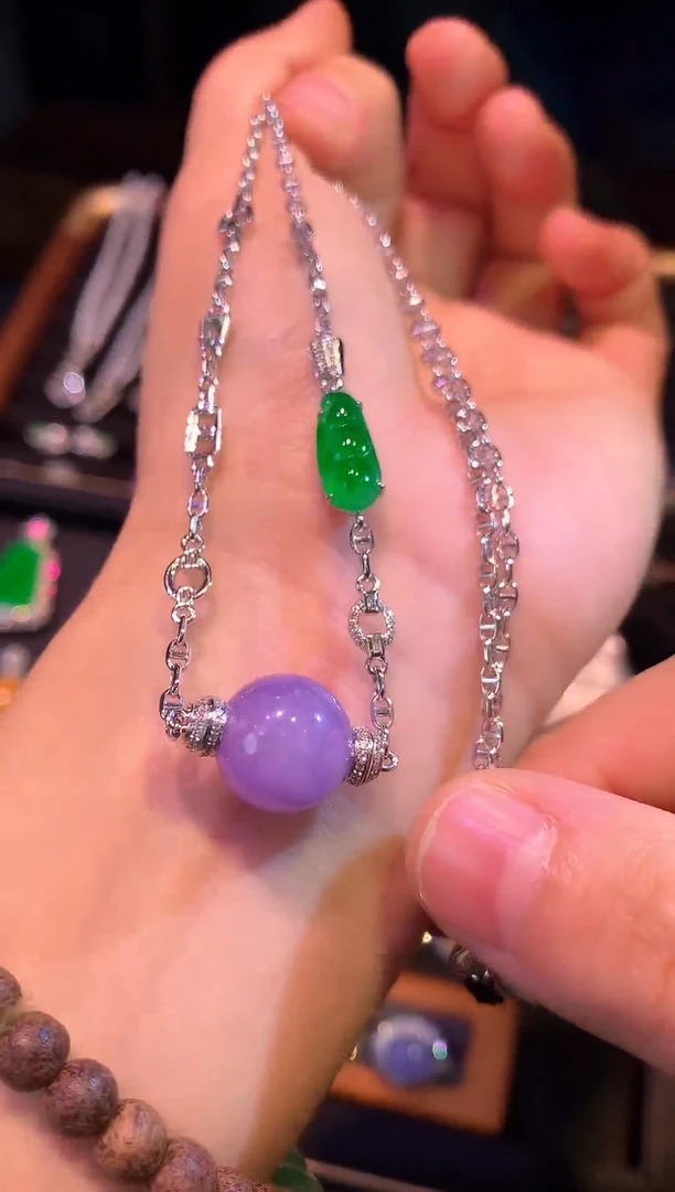 项链18K金镶嵌翡翠紫罗兰冰紫珠珠套链