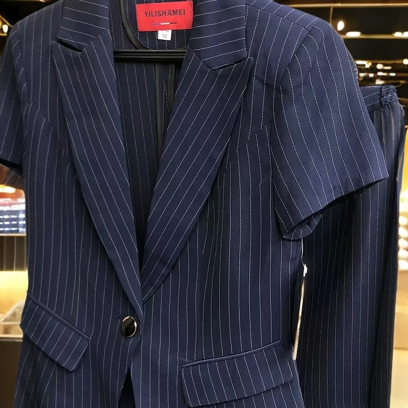 2025夏季新款短袖显瘦气质条纹西装套装（2025813）外套+半裙