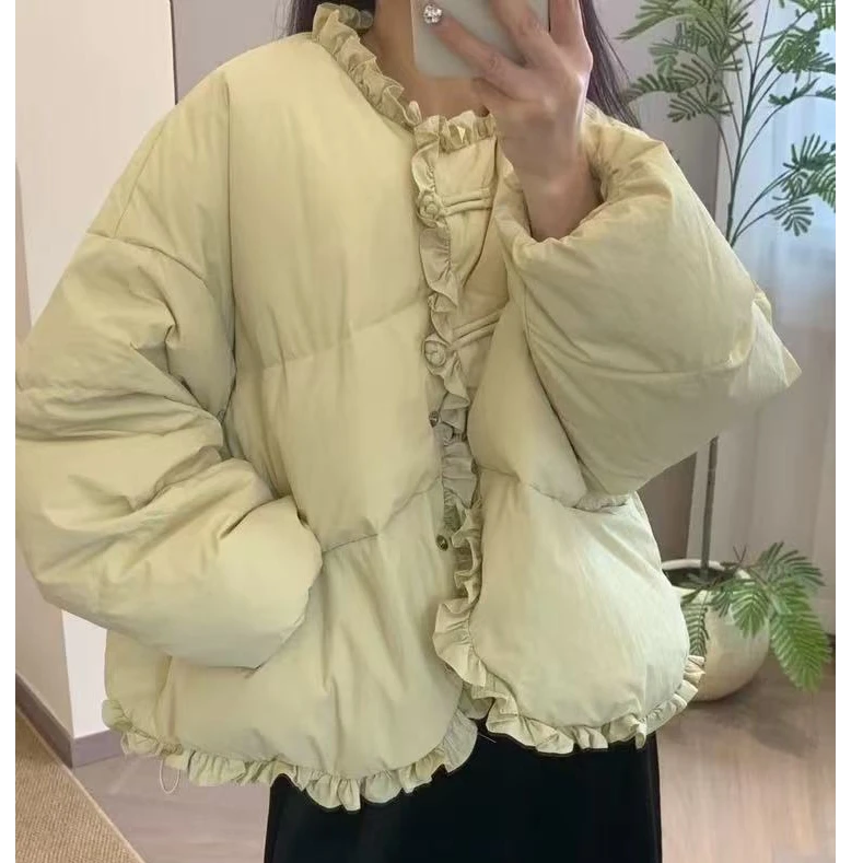 冬季新款甜美温柔甜美风花边盘扣羽绒服外套