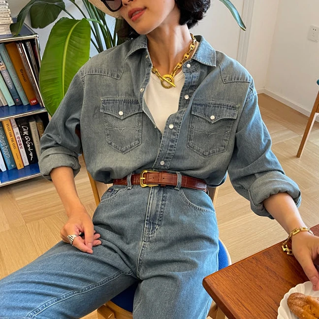 复古简约牛仔衬衫宽松长袖休闲衬衣百搭牛仔长袖衬衫女春秋
