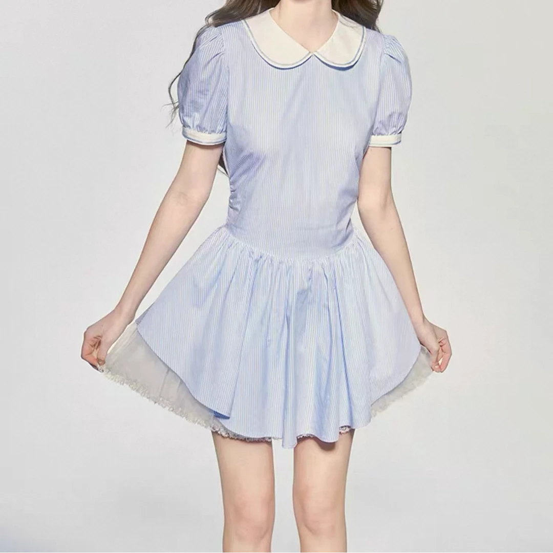 日系蓝色衬衫娃娃领连衣裙子女2025新款穿搭小个子学院风短裙2537