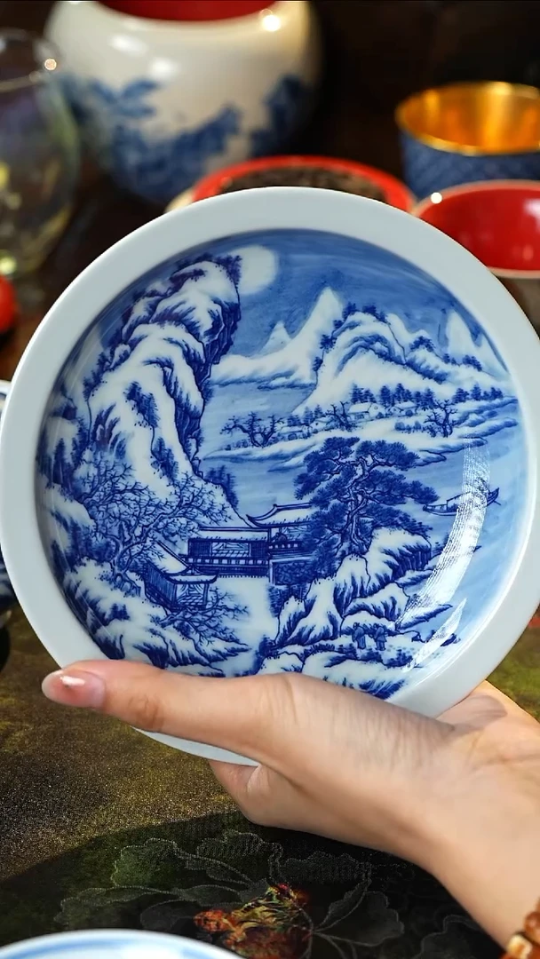 柃山窑景德镇纯手工手绘青花雪景壶承