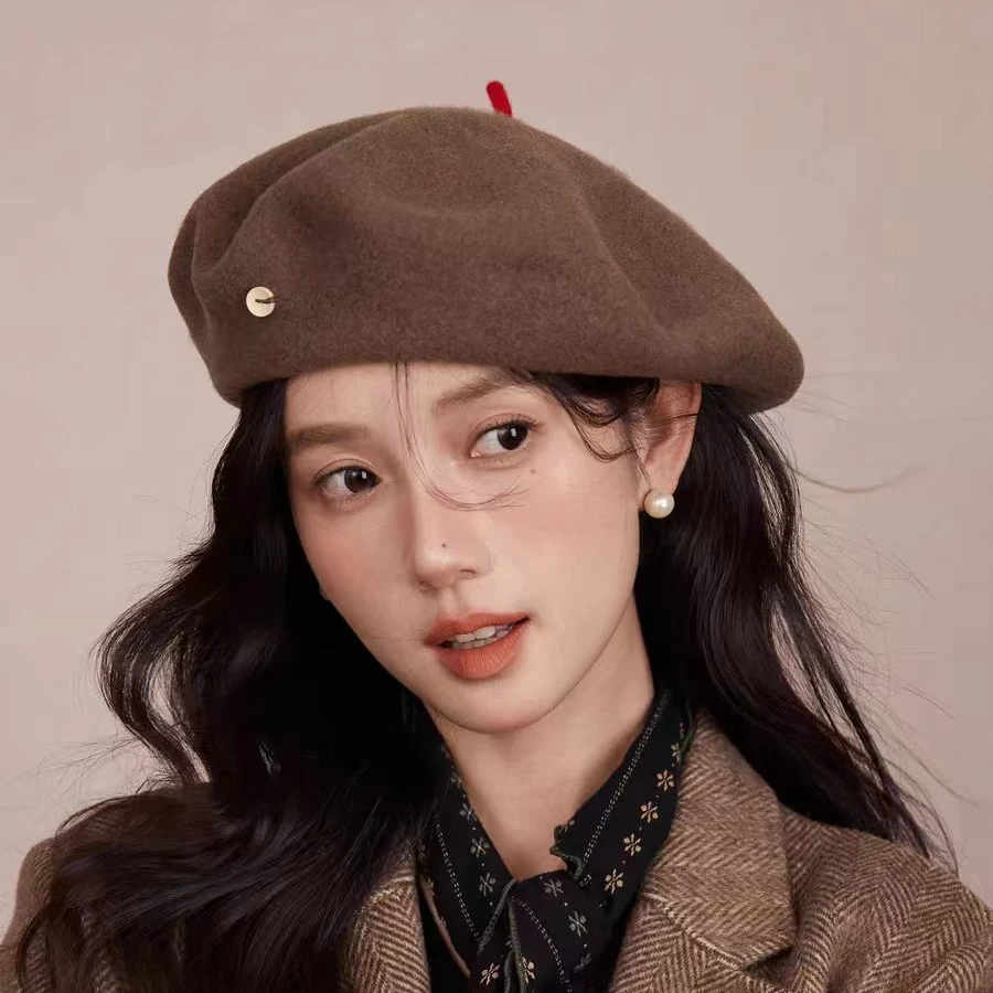 韩版纯羊毛贝雷帽女大帽顶显瘦咖啡色画家帽高级感百搭毛呢蓓蕾帽
