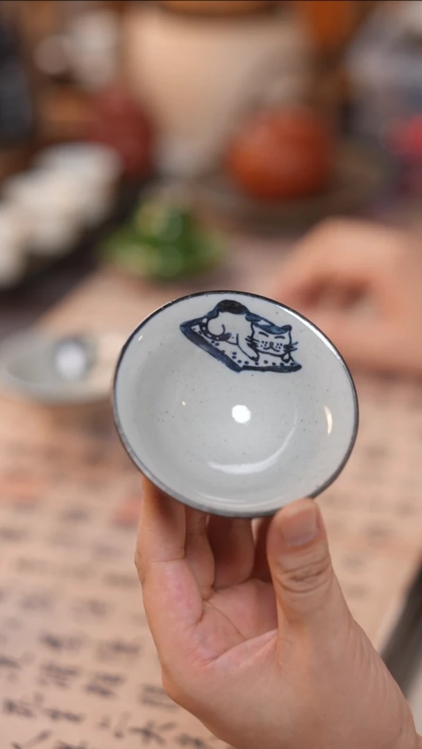 茶具手绘斗笠杯 吐司猫